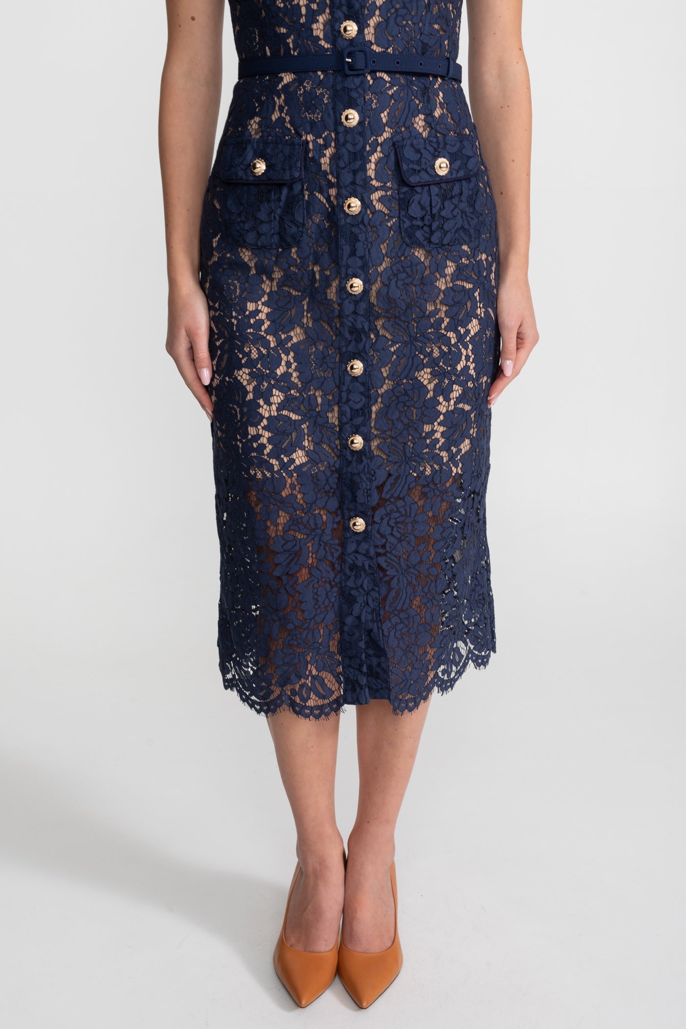 Geneviève™ | Vestido midi encaje floral azul marino