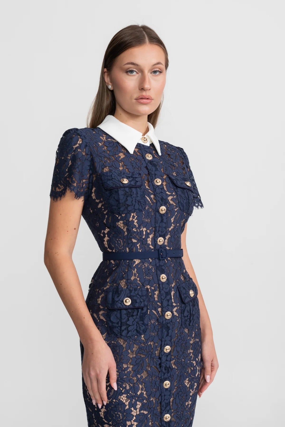 Geneviève™ | Vestido midi encaje floral azul marino