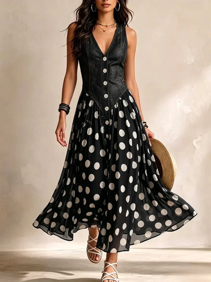 Marisol™ | Vestido Largo Denim con Lunares