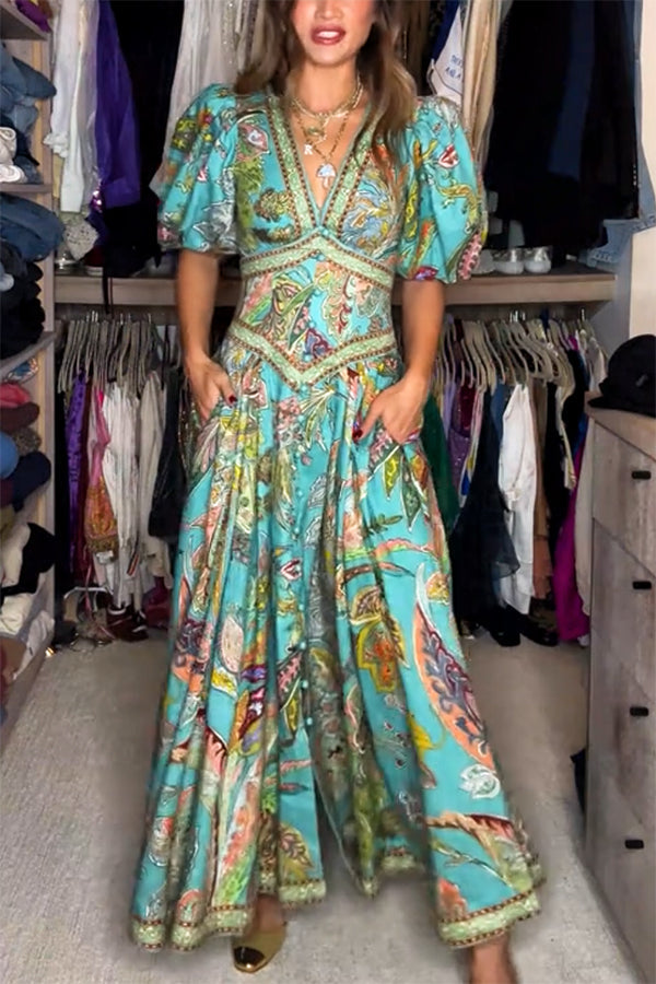 Rosa™ | Vestido Maxi Liviano con Mangas Abullonadas y Escote en V