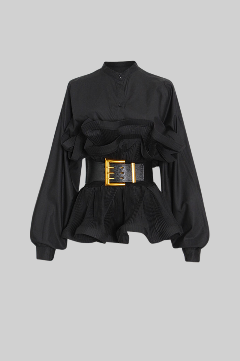 Ophélia™ | Blusa volantes cinturón ancho negro