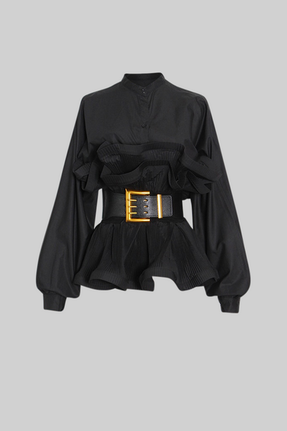 Ophélia™ | Blusa volantes cinturón ancho negro