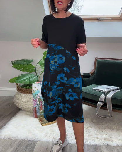 Solène™ | Vestido patchwork cuello redondo floral