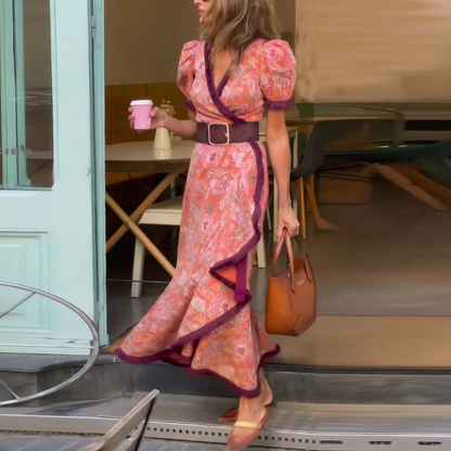 Maureen™ | Vestido maxi rosa manga corta