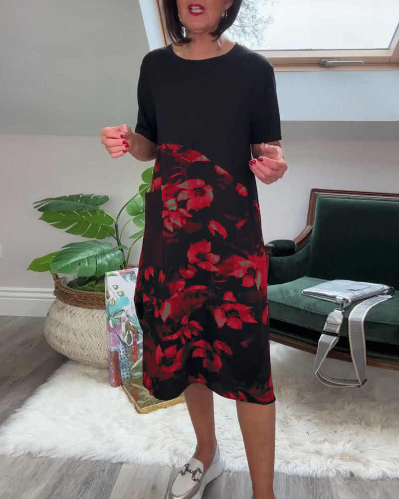 Solène™ | Vestido patchwork cuello redondo floral