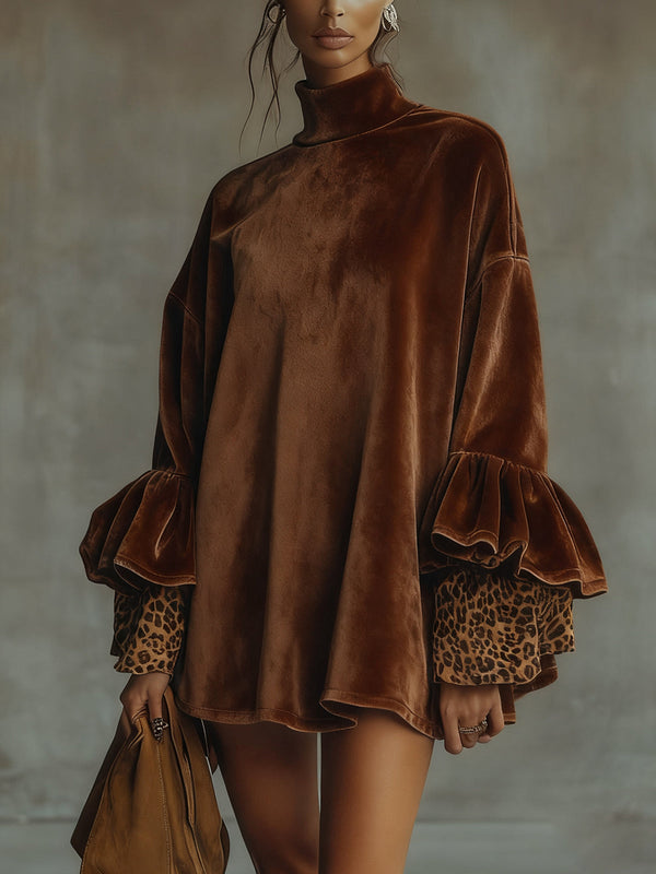 Amelie™ | Vestido de Campana de Terciopelo con Mangas de Leopardo