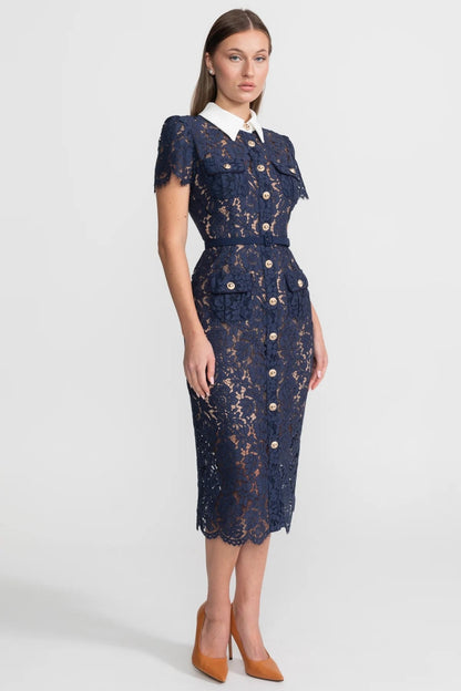 Geneviève™ | Vestido midi encaje floral azul marino