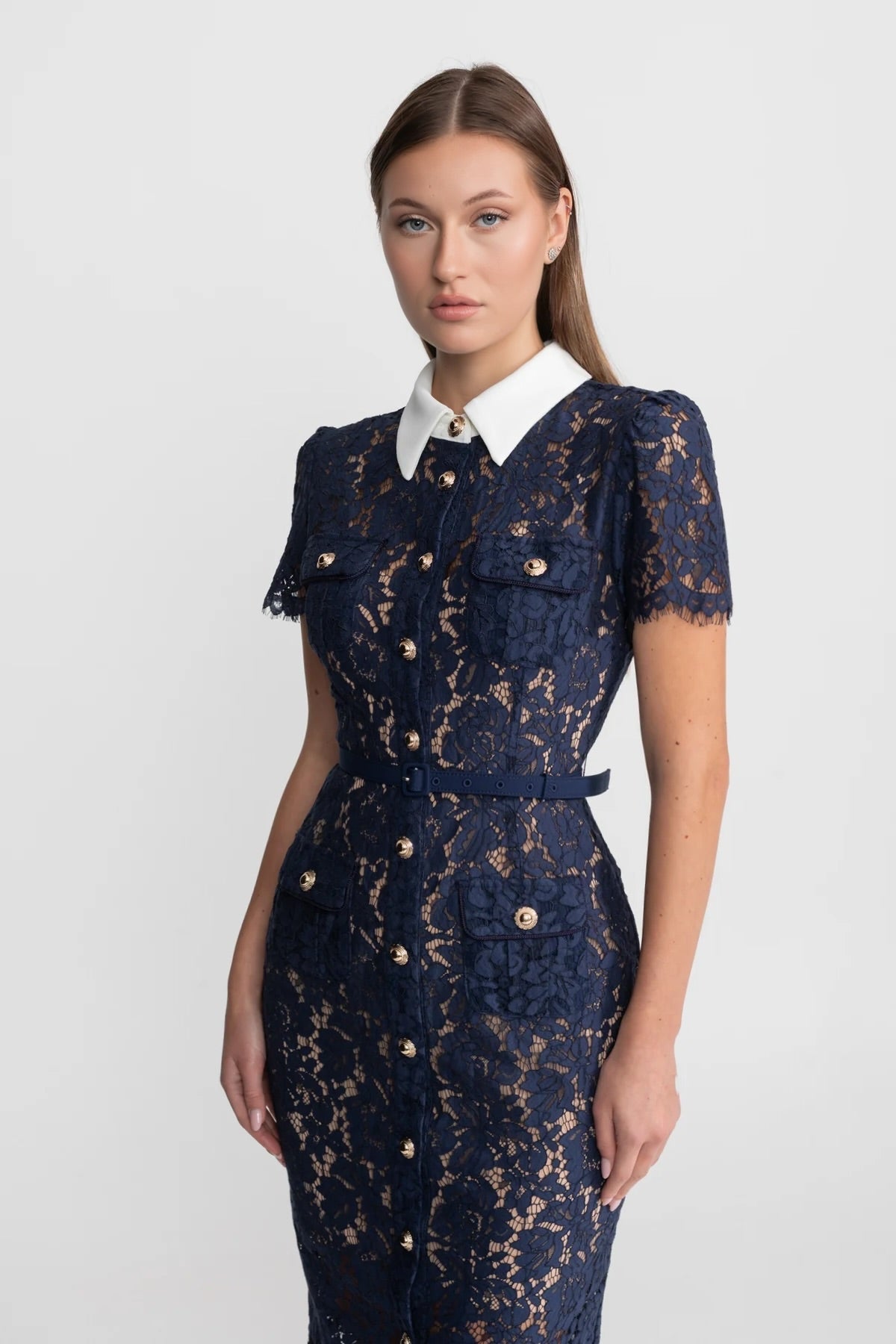 Geneviève™ | Vestido midi encaje floral azul marino