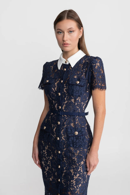 Geneviève™ | Vestido midi encaje floral azul marino