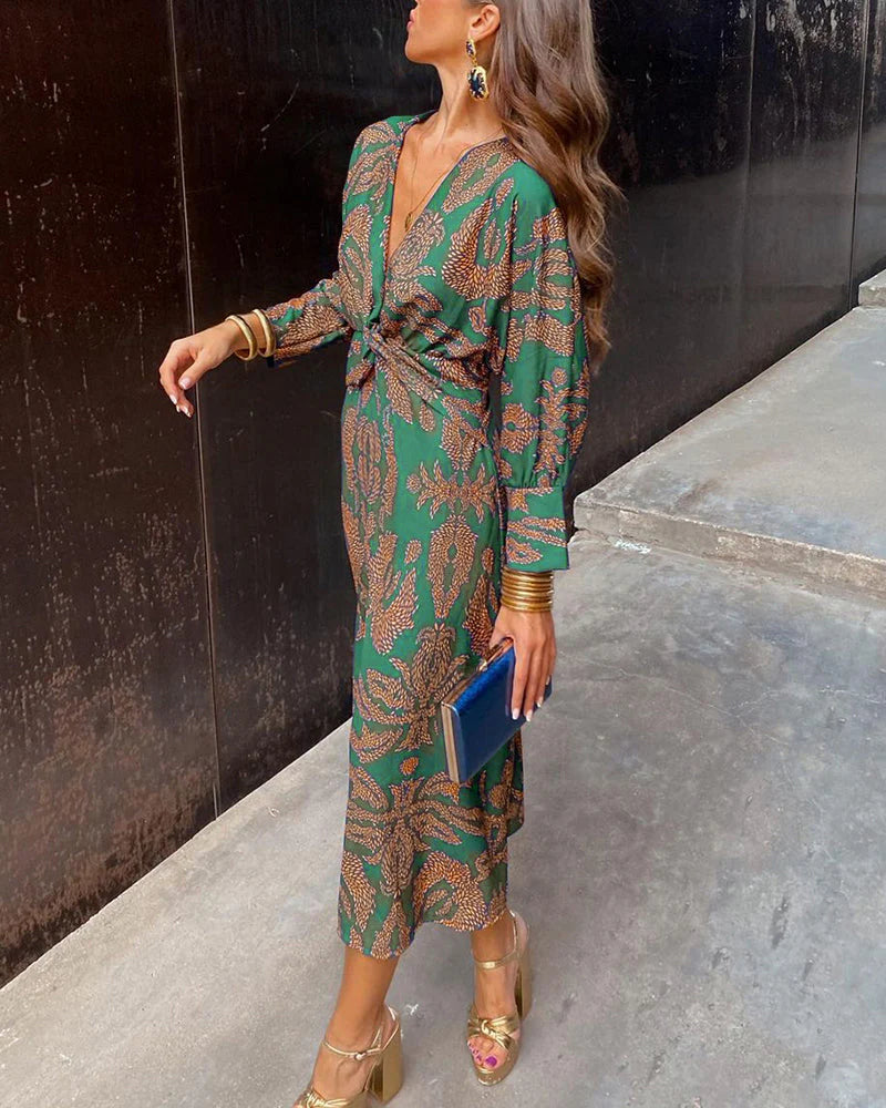 Ingrid™ | Vestido Largo Elegante con Manga Larga y Estampado Floral