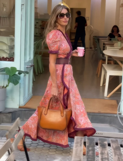 Maureen™ | Vestido maxi rosa manga corta