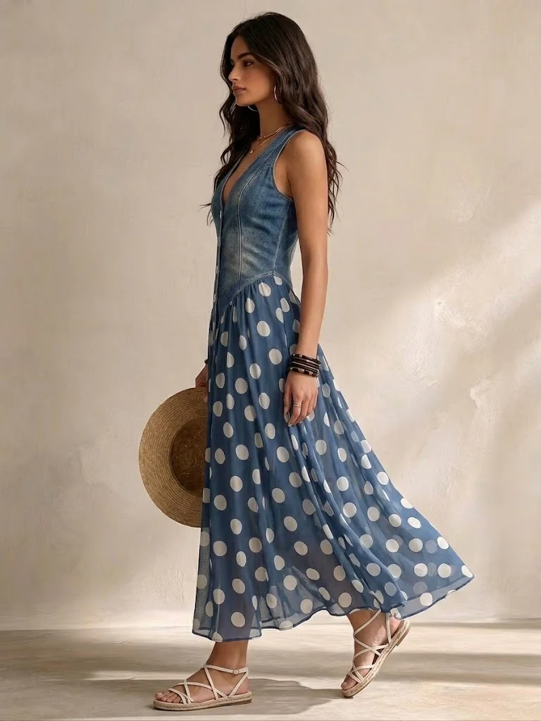 Marisol™ | Vestido Largo Denim con Lunares