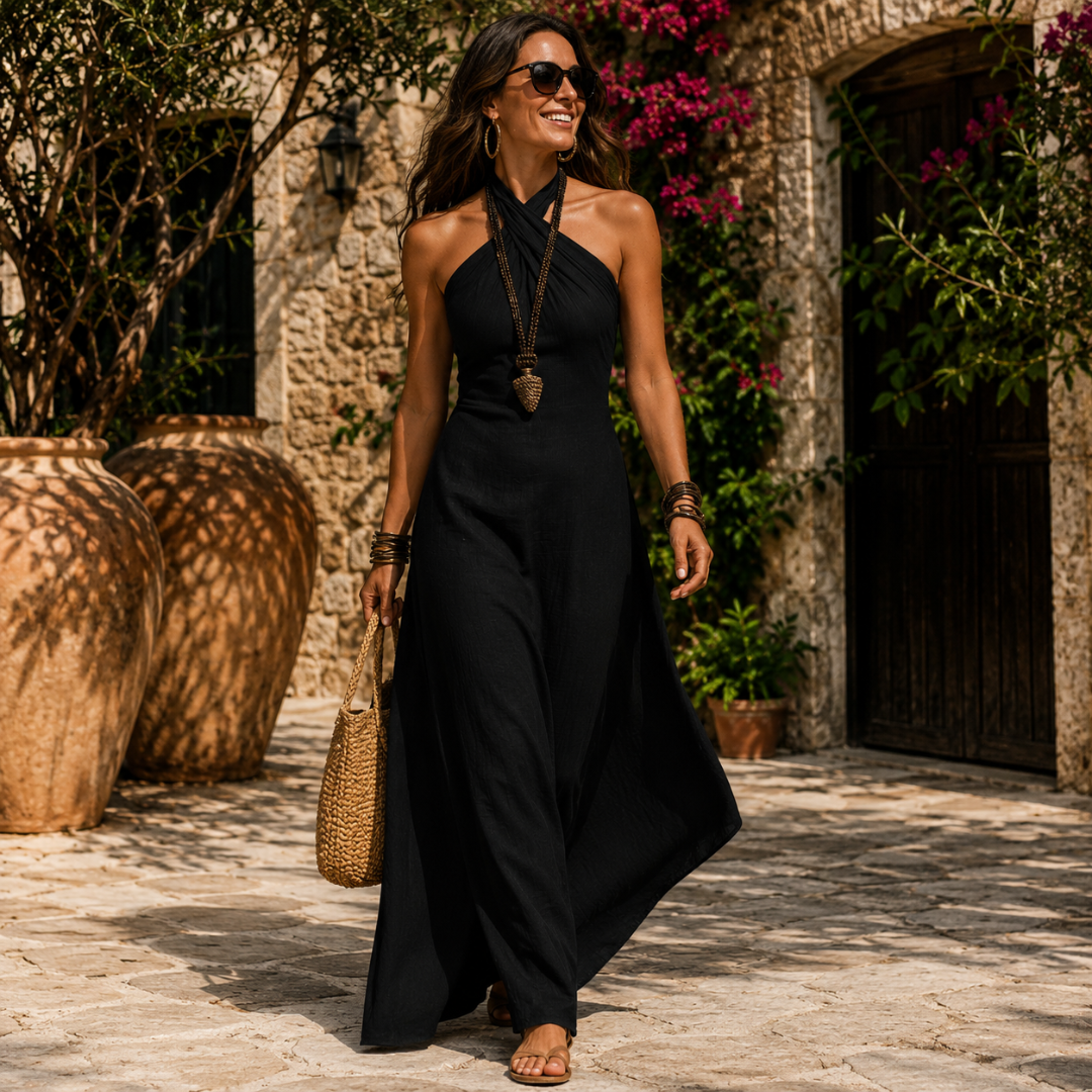 Agatha™ │ Halter Neck Maxi Dress with Crossover Neckline
