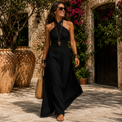 Agatha™ │ Halter Neck Maxi Dress with Crossover Neckline
