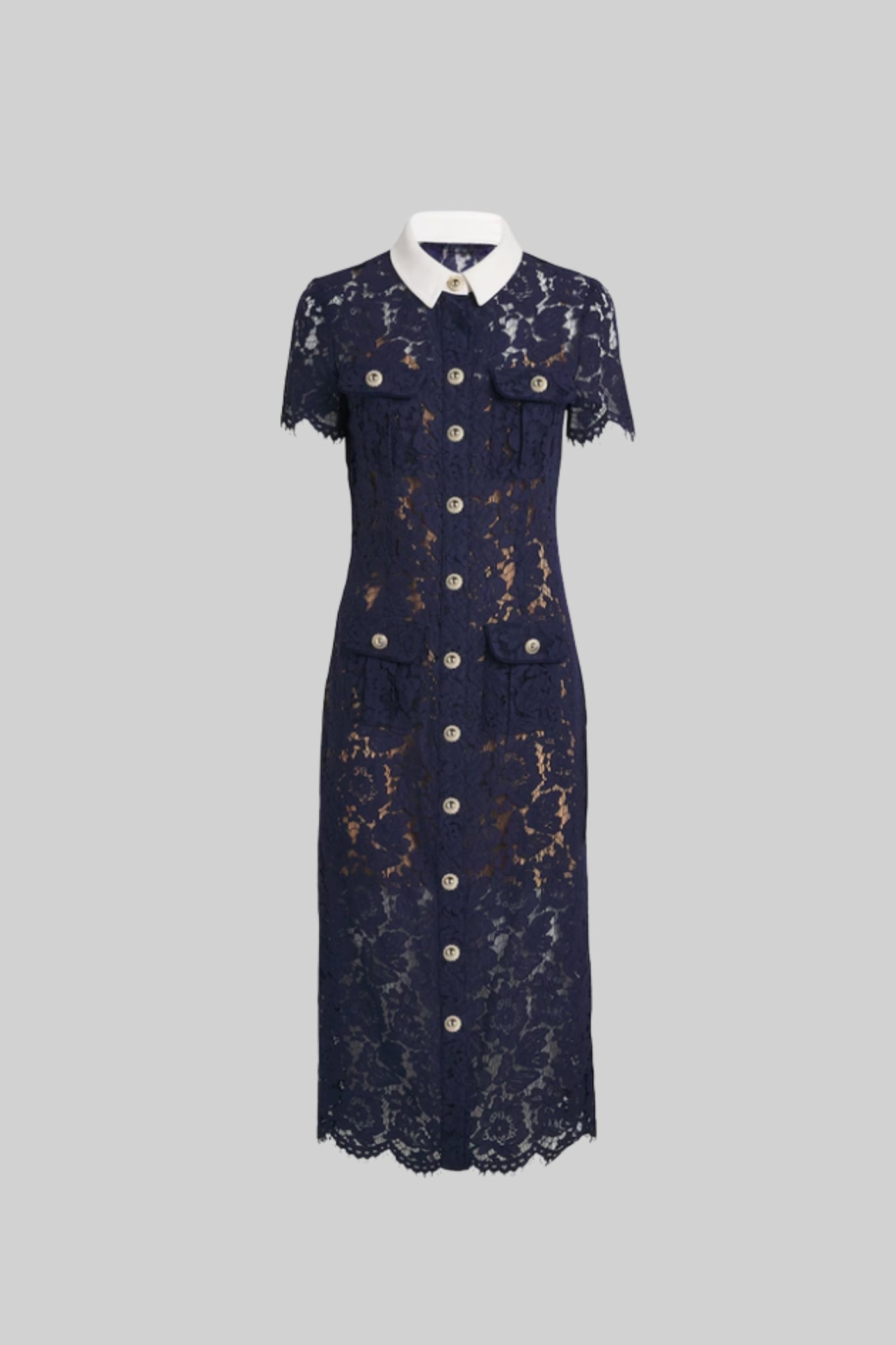 Geneviève™ | Vestido midi encaje floral azul marino