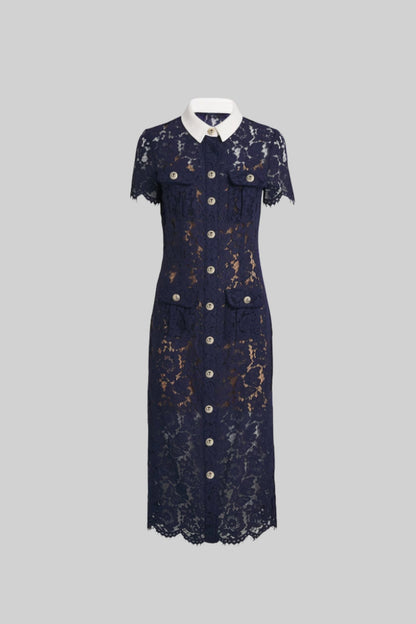 Geneviève™ | Vestido midi encaje floral azul marino