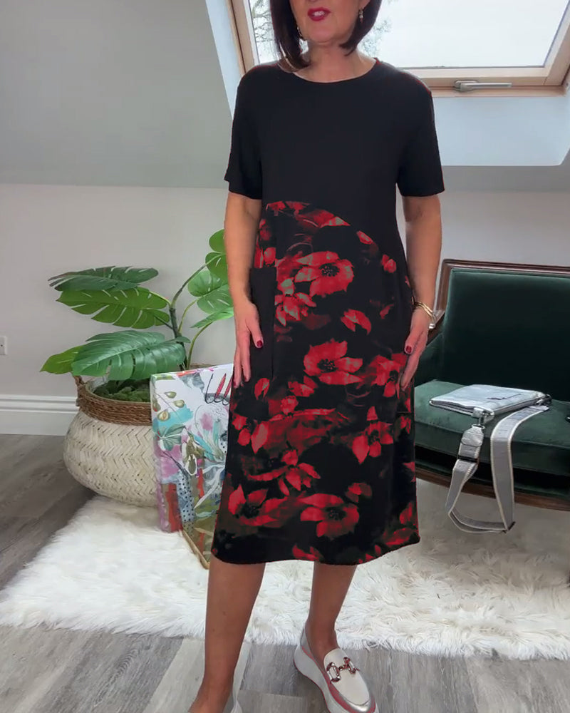 Solène™ | Vestido patchwork cuello redondo floral