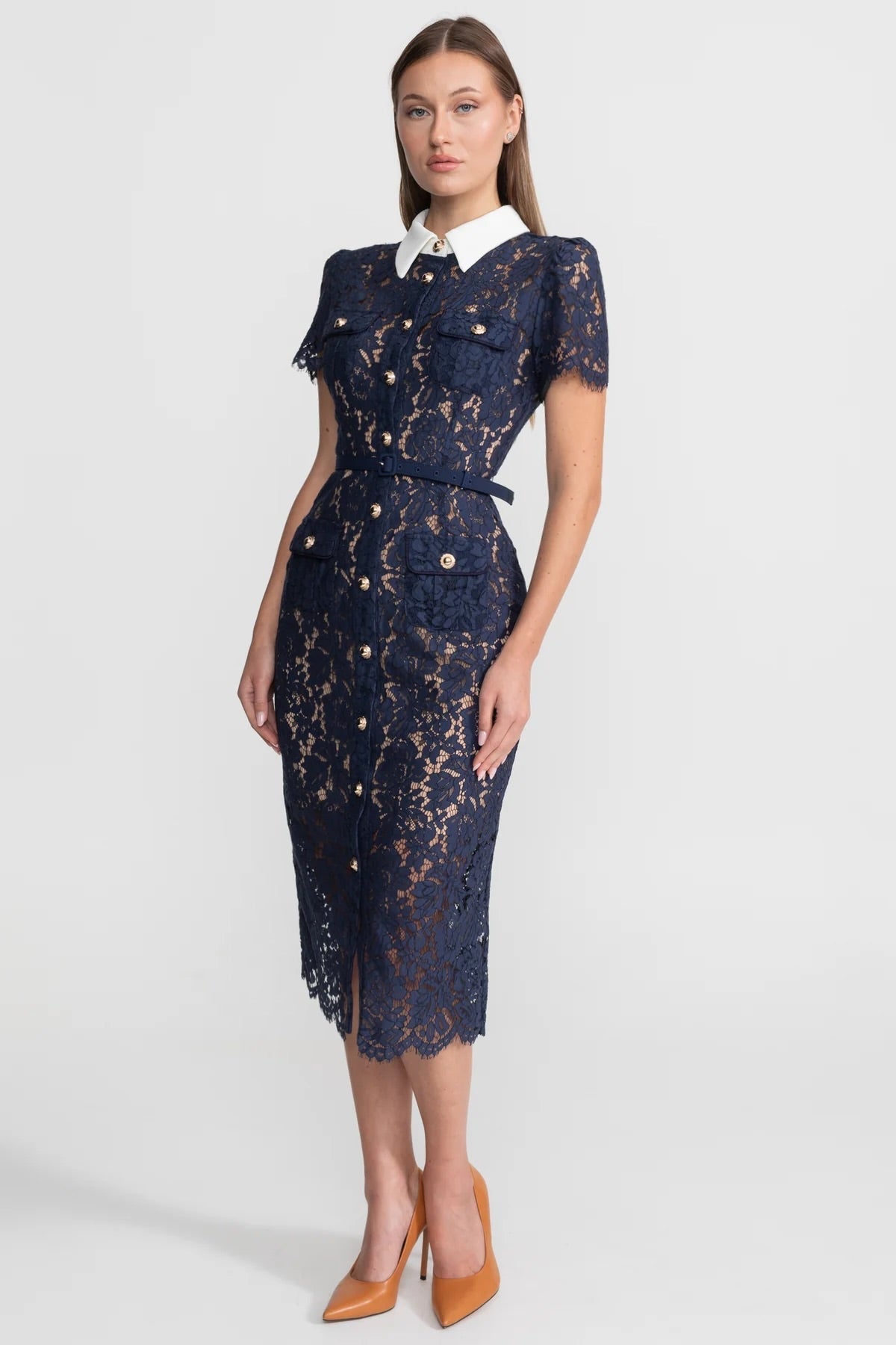 Geneviève™ | Vestido midi encaje floral azul marino