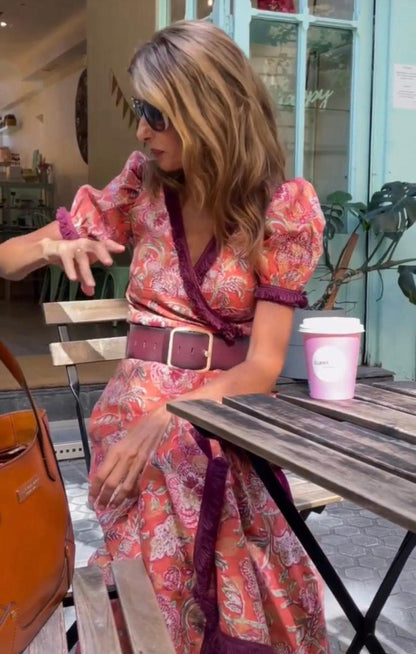 Maureen™ | Vestido maxi rosa manga corta