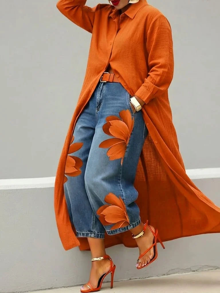 María Teodora™ | Conjunto de camisa larga y vaqueros estampados