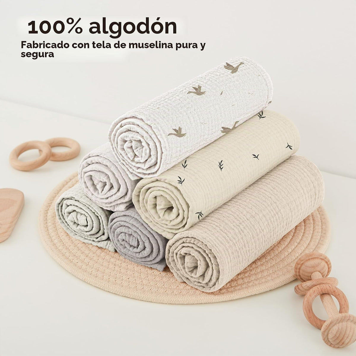 Luna™ | Muselinas Bebe Algodon 60x60cm,6 Piezas 100% Algodón Super Suave Transpirable y Extremadamente Absorbente
