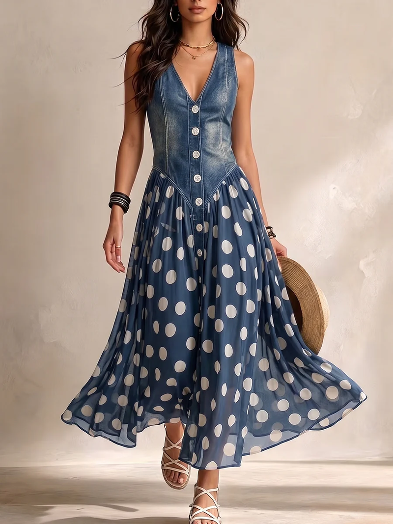 Marisol™ | Vestido Largo Denim con Lunares