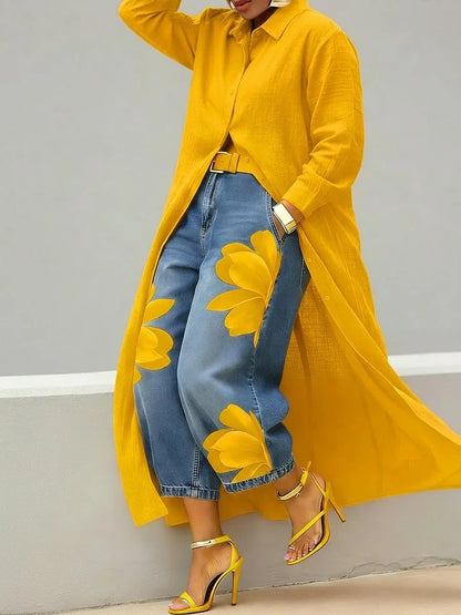 María Teodora™ | Conjunto de camisa larga y vaqueros estampados