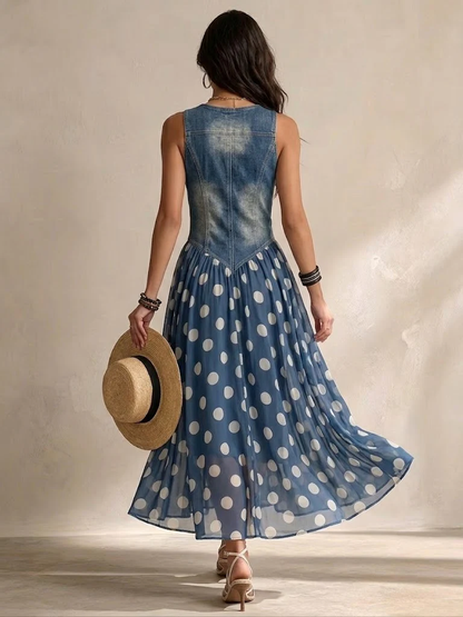 Marisol™ | Vestido Largo Denim con Lunares