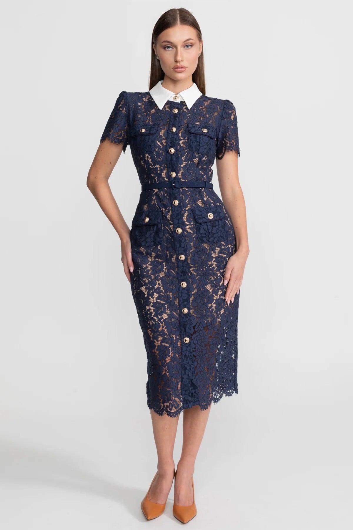 Geneviève™ | Vestido midi encaje floral azul marino