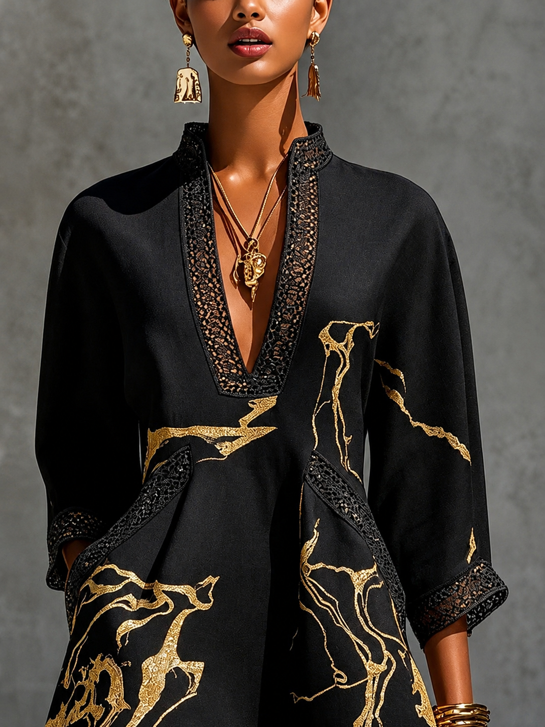 Elba™ | Vestido mármol dorado con encaje crochet