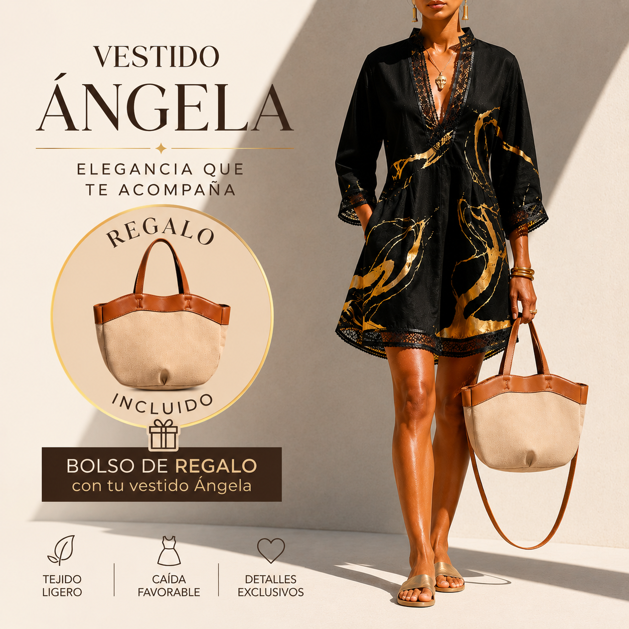 Elba™ | Vestido mármol dorado con encaje crochet