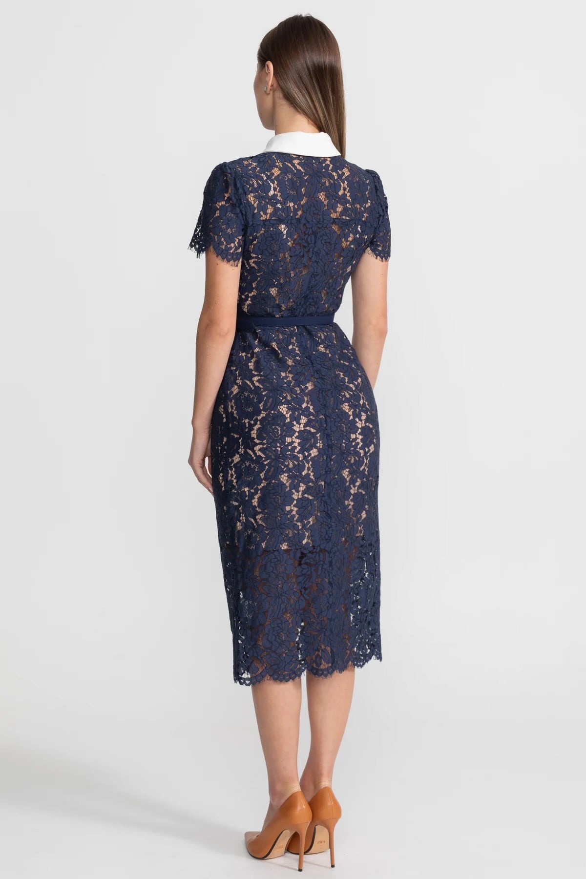 Geneviève™ | Vestido midi encaje floral azul marino