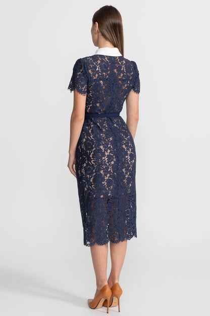 Geneviève™ | Vestido midi encaje floral azul marino