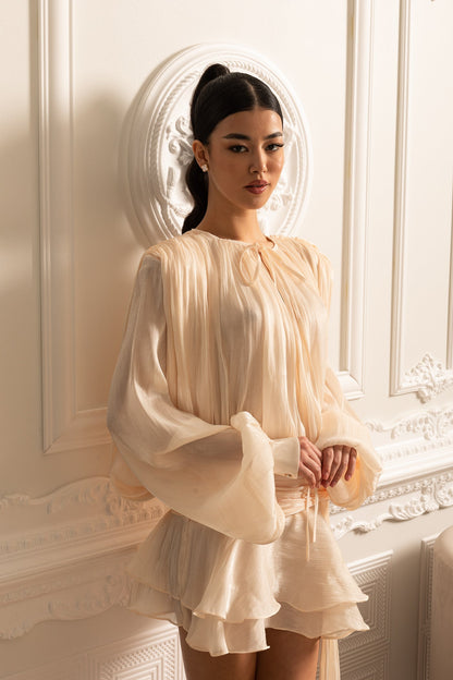 Éléonore™ | Vestido drapeado mini cintura plisada marfil