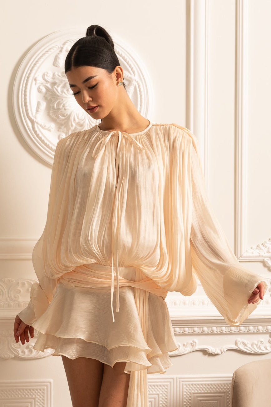 Éléonore™ | Vestido drapeado mini cintura plisada marfil