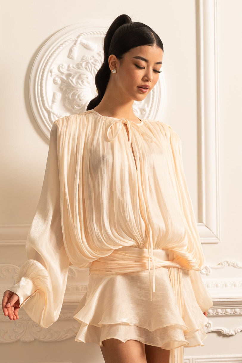 Éléonore™ | Vestido drapeado mini cintura plisada marfil
