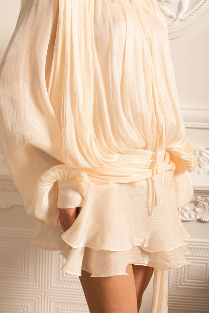 Éléonore™ | Vestido drapeado mini cintura plisada marfil