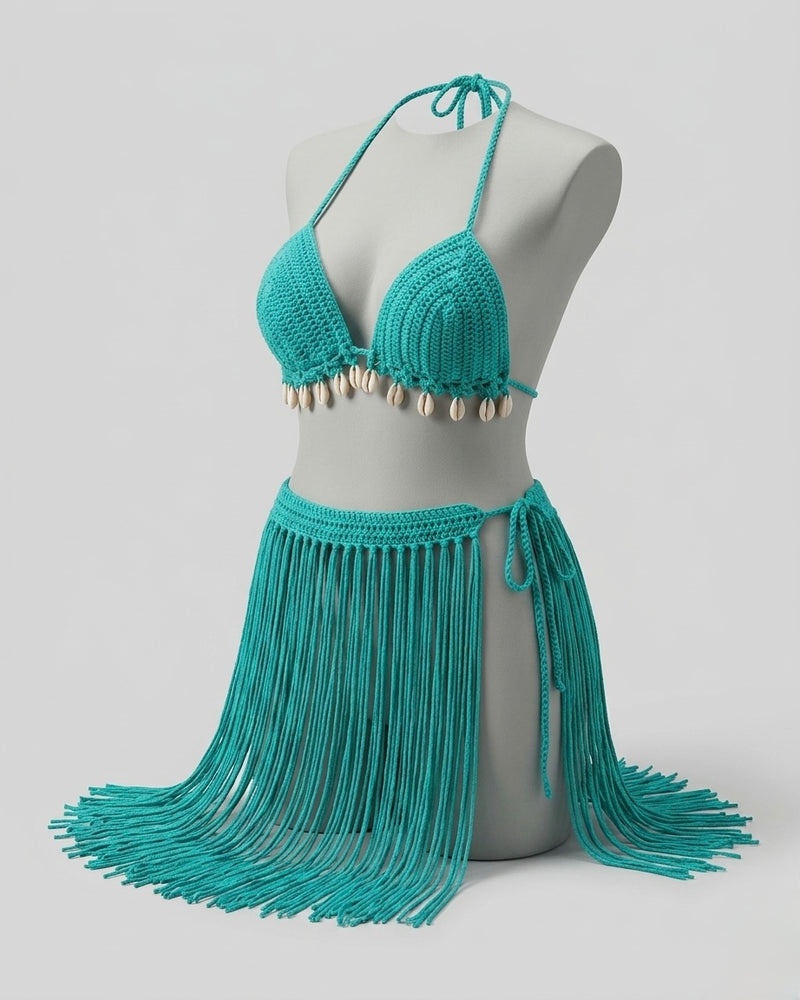 Selma™ | hand-crocheted shell-decorated tassel falda and bikini top two-piece set