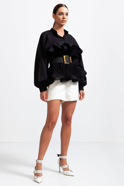 Ophélia™ | Blusa volantes cinturón ancho negro