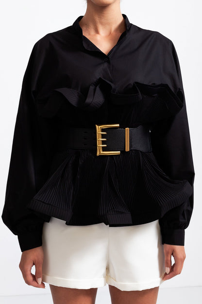 Ophélia™ | Blusa volantes cinturón ancho negro