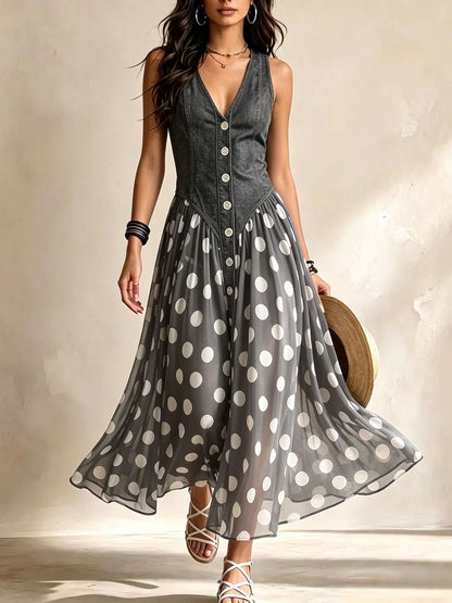 Marisol™ | Vestido Largo Denim con Lunares