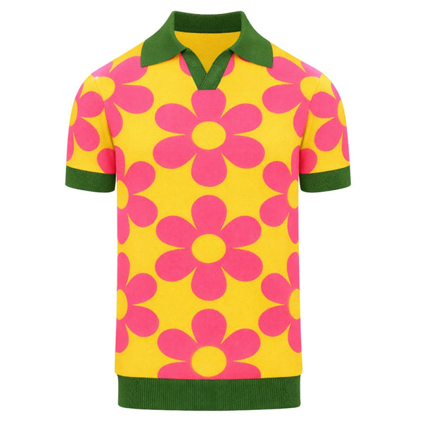 Ivan™ | Polo de punto vintage floral amarillo para hombre
