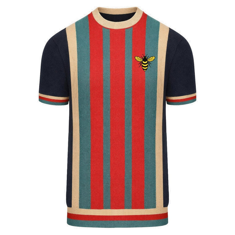 Jean Louis™ | Polo de punto vintage de rayas multicolor para hombre con bordado de abeja