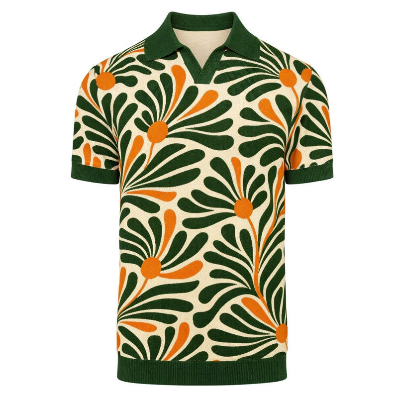 Pascal™ | Polo de jacquard de punto floral retro blanco roto para hombre