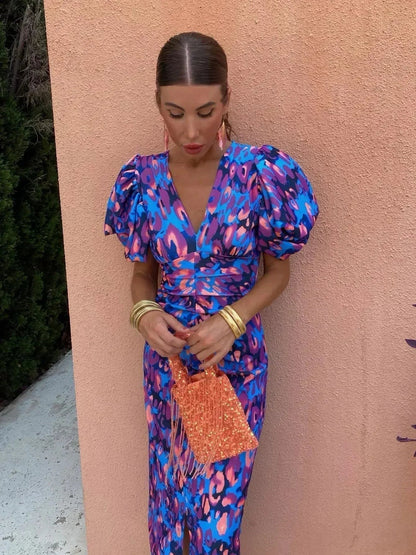 Haydée™ | Vestido Midi Vibrante con Mangas Abullonadas