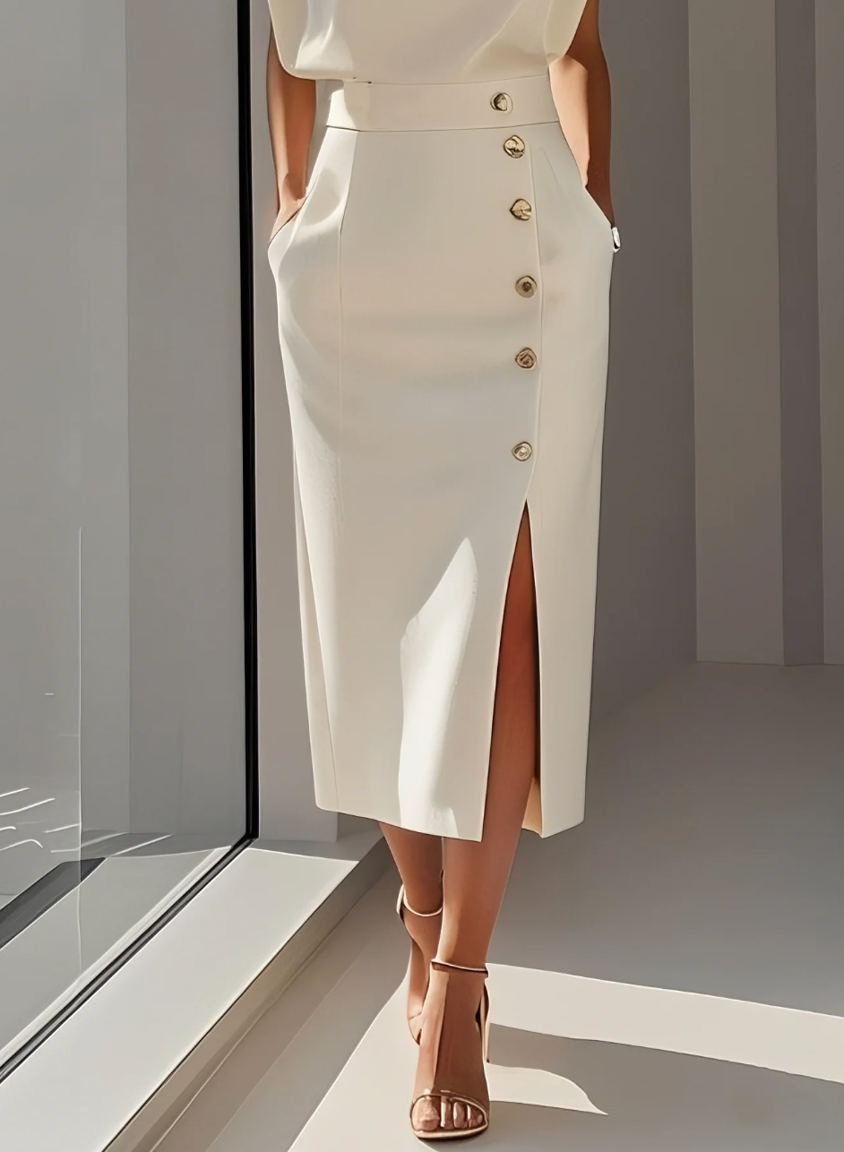 Bella™ | Vestido Midi Ajustado con Detalles en Botones Dorados