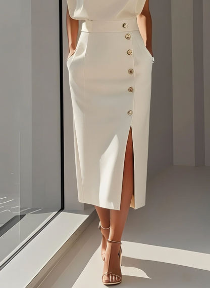 Bella™ | Vestido Midi Ajustado con Detalles en Botones Dorados