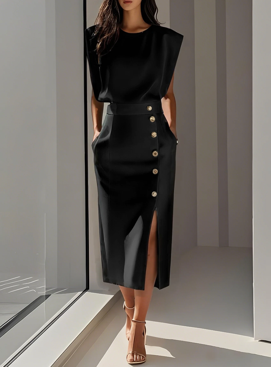 Bella™ | Vestido Midi Ajustado con Detalles en Botones Dorados