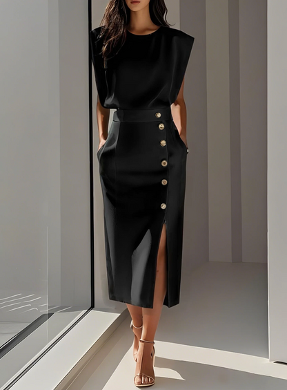 Bella™ | Vestido Midi Ajustado con Detalles en Botones Dorados