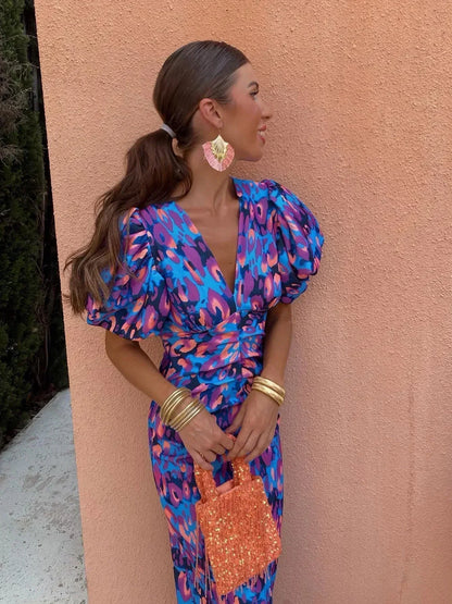 Haydée™ | Vestido Midi Vibrante con Mangas Abullonadas
